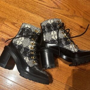 Tory Burch Black and White Plaid Chunky Heel Boots